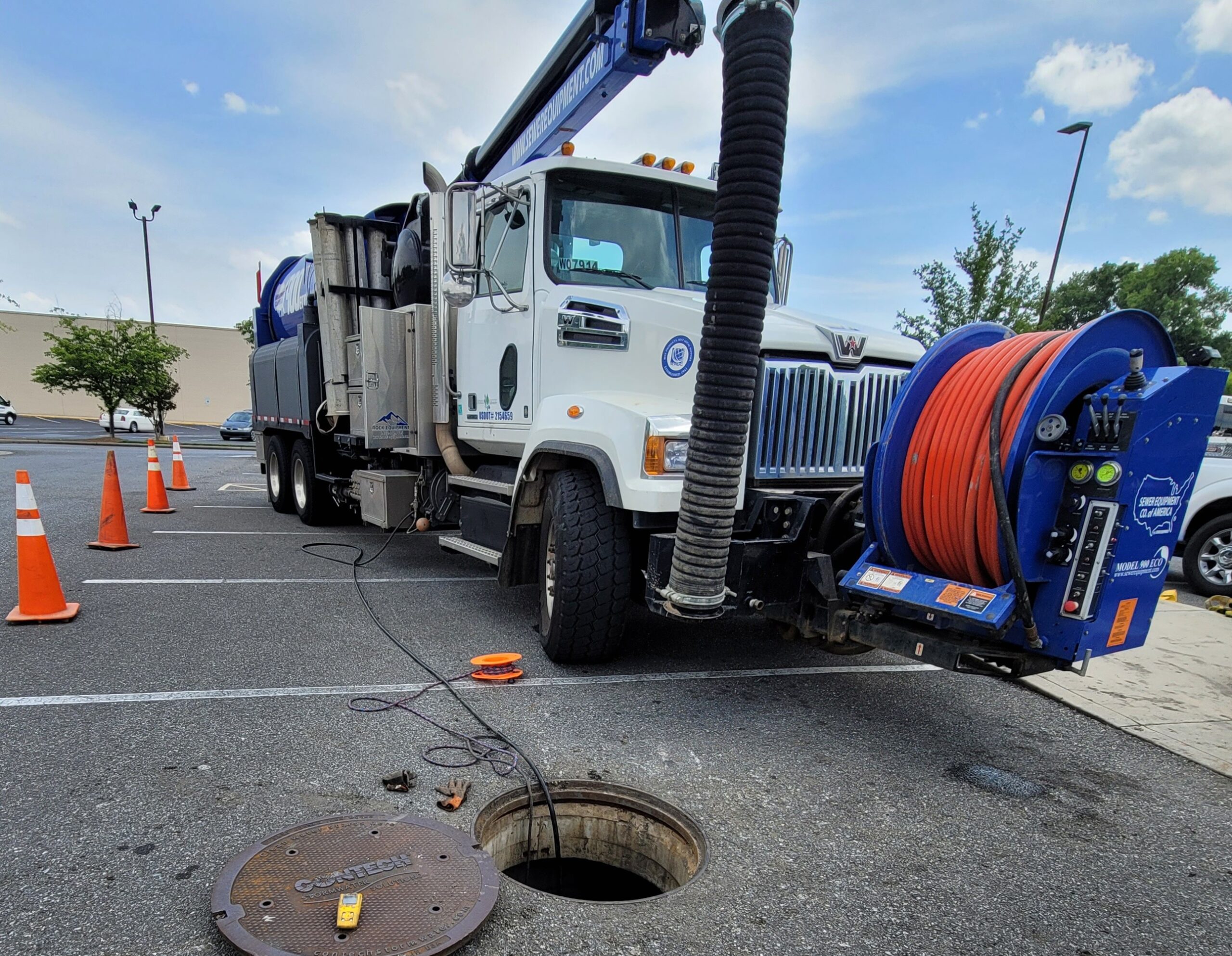 High-pressure water jetting cleaning stormwater pipes and underground drainage lines