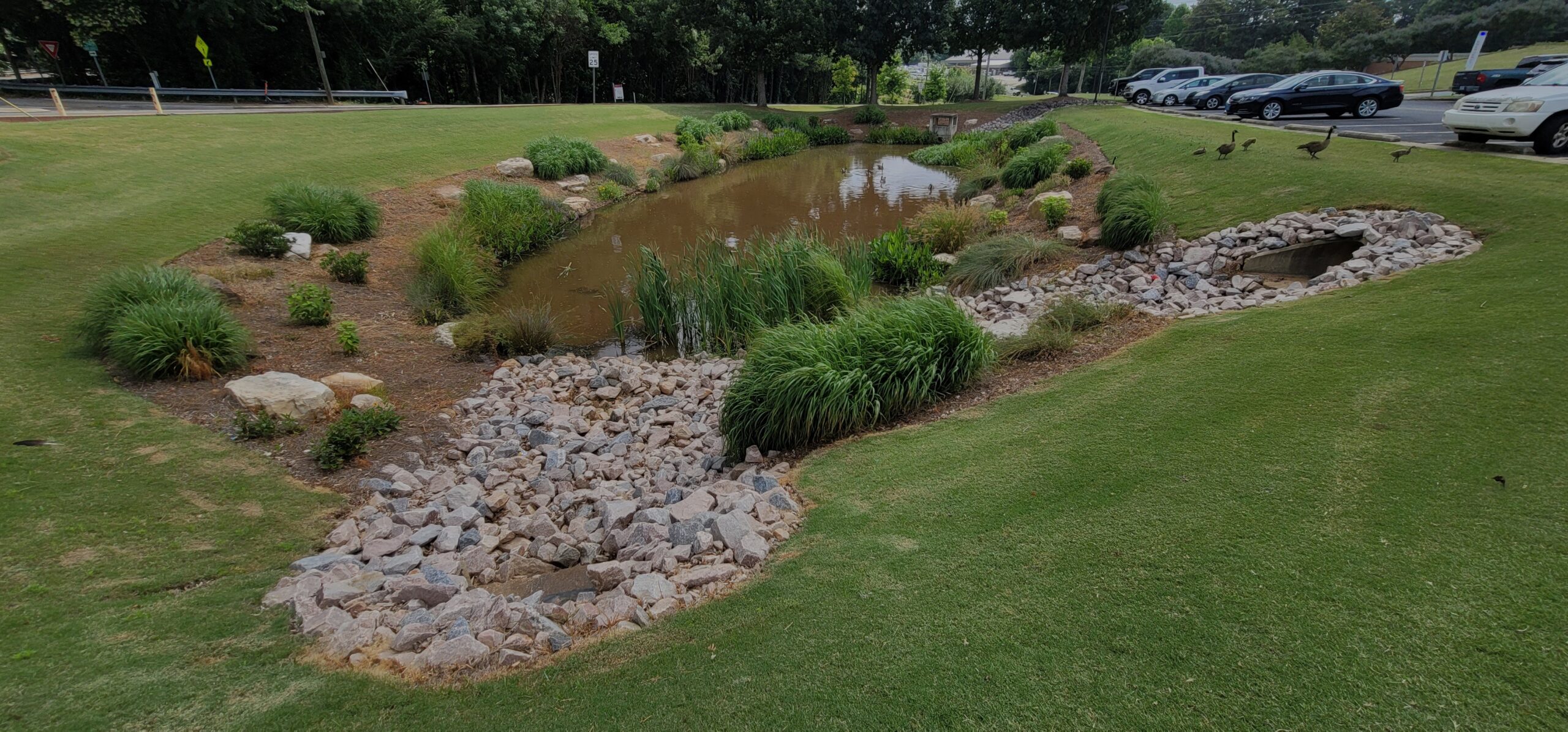 Routine stormwater maintenance and inspection of detention pond, inlet, and outlet structures for compliance.