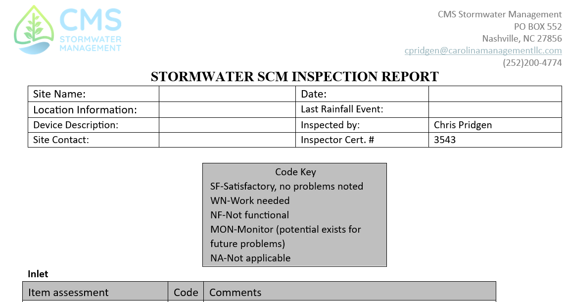 Stormwater Control Measure SCM Inspection report 